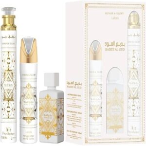 Lattafa Bade'e Al Oud Honor & Glory For Unisex Set de regalo de 3 piezas (3.4 onzas líquidas EDP + 6.67 onzas líquidas Deo + ambientador de 10.14 fl oz) (WH1)
